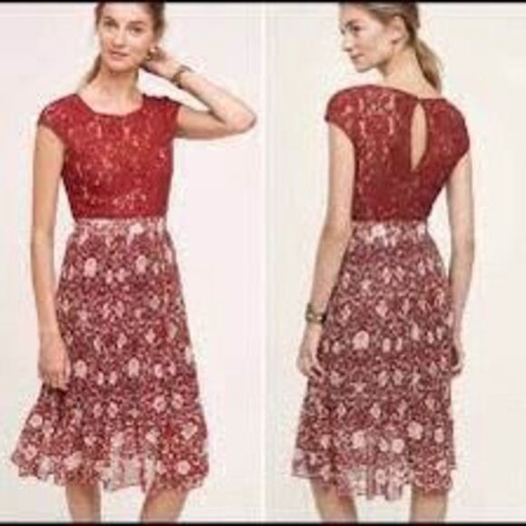 Plenty Anthropologie Women's Arcadia Accordion Pleated Laced Midi Dress Brown Si - Picture 2 of 12